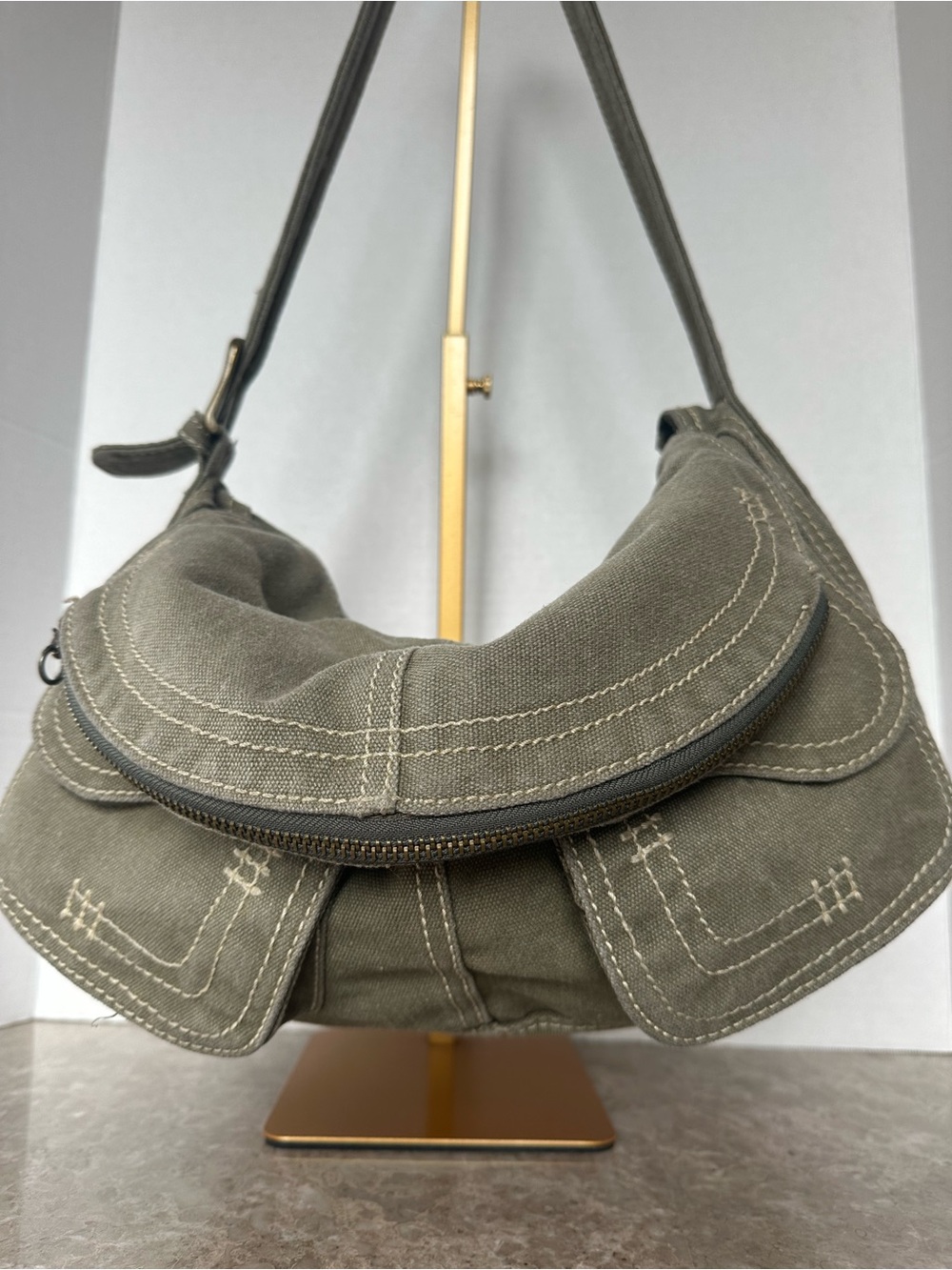 Slouchy Boho Grunge Canvas Hobo Bag Olive Green Cargo Utility Y2K Crossbody